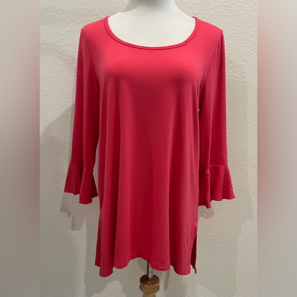 Judy P Blu Tunic Top Women’s Large Solid Pink Ruffle 3/4 Sleeves Siro Tencel